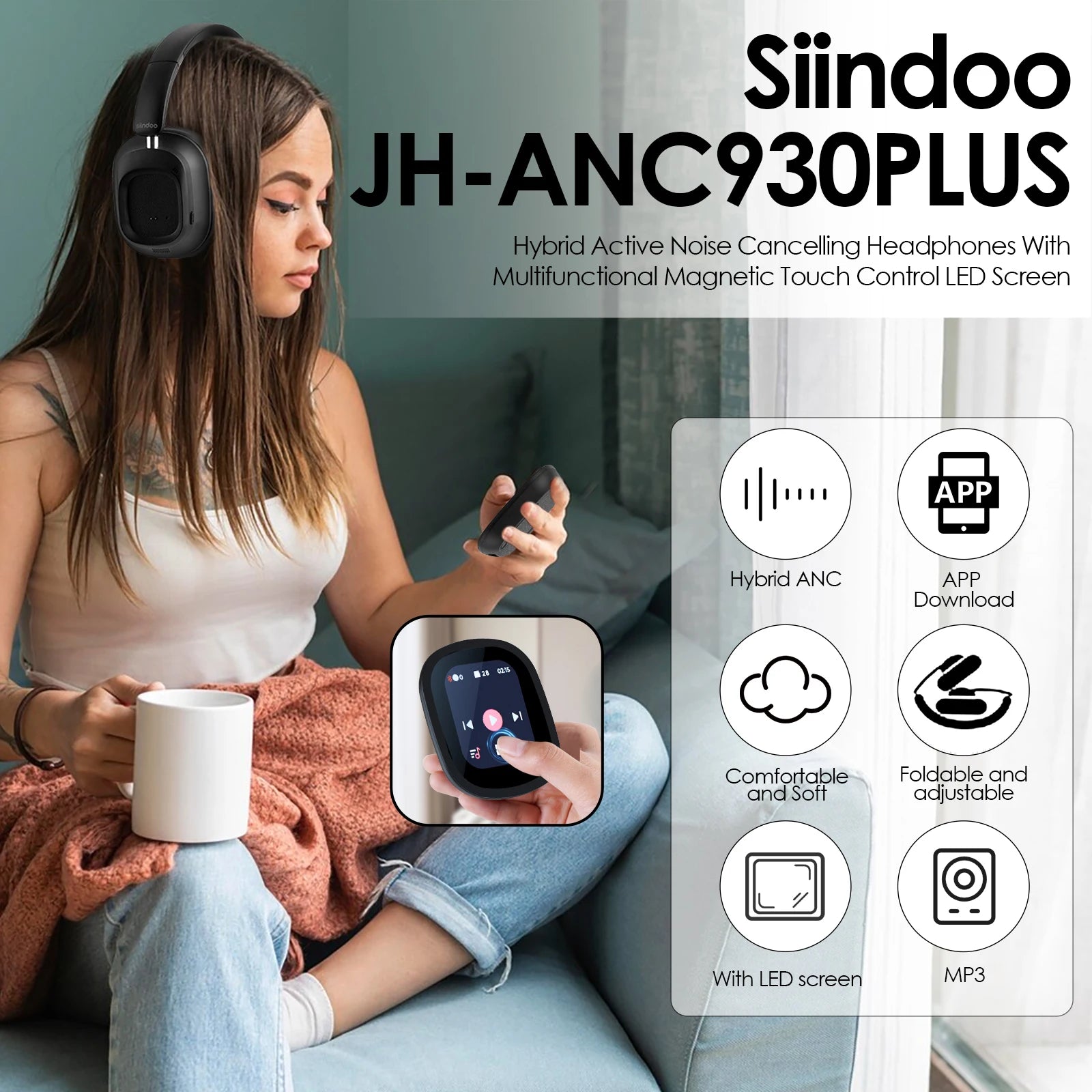 Siindoo JH-ANC930Plus Active Noise Cancelling Headphones with LED Screen