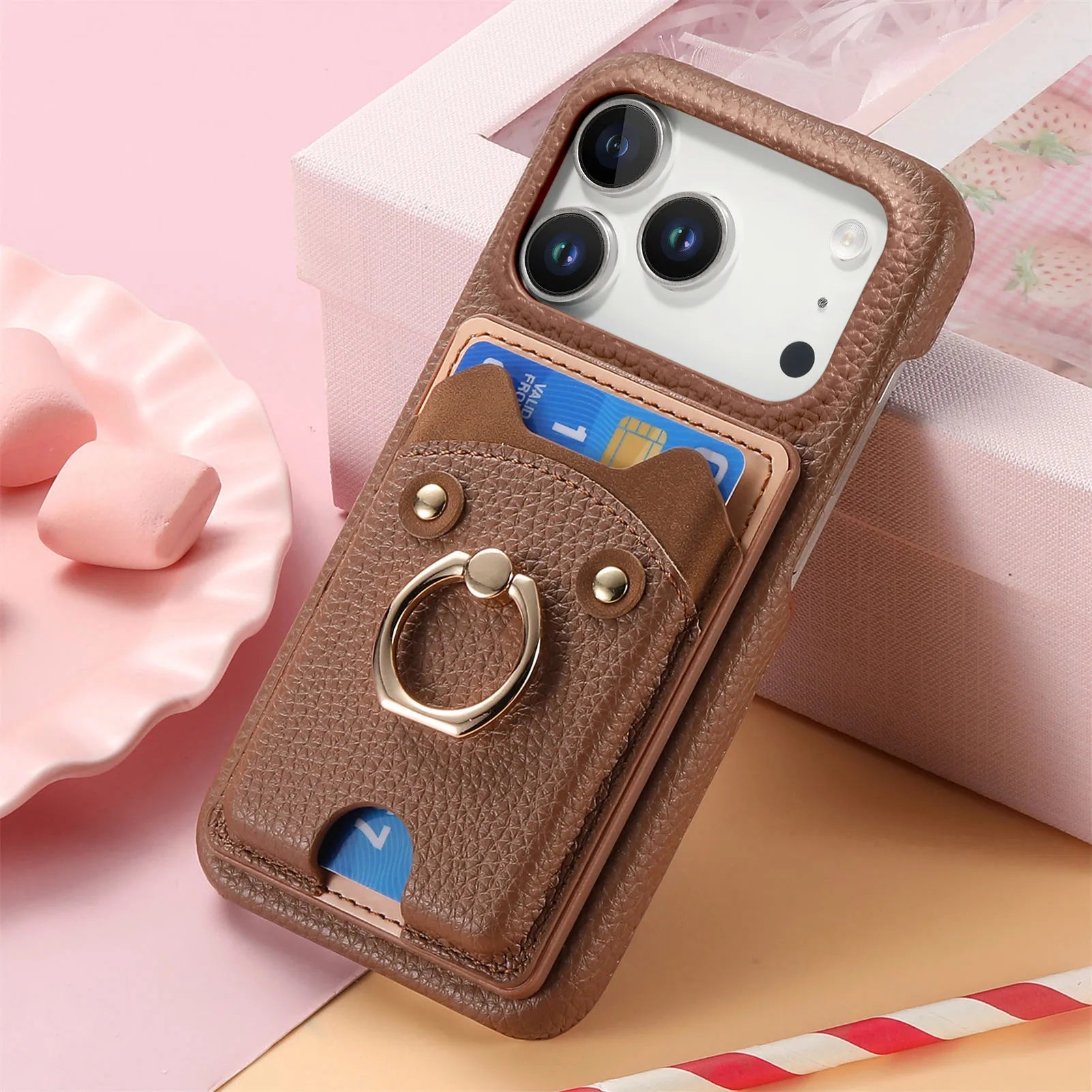 Premium Lychee Pattern Leather Wallet Case with Ring Holder & Vertical Card Slot for iPhone 17 Series