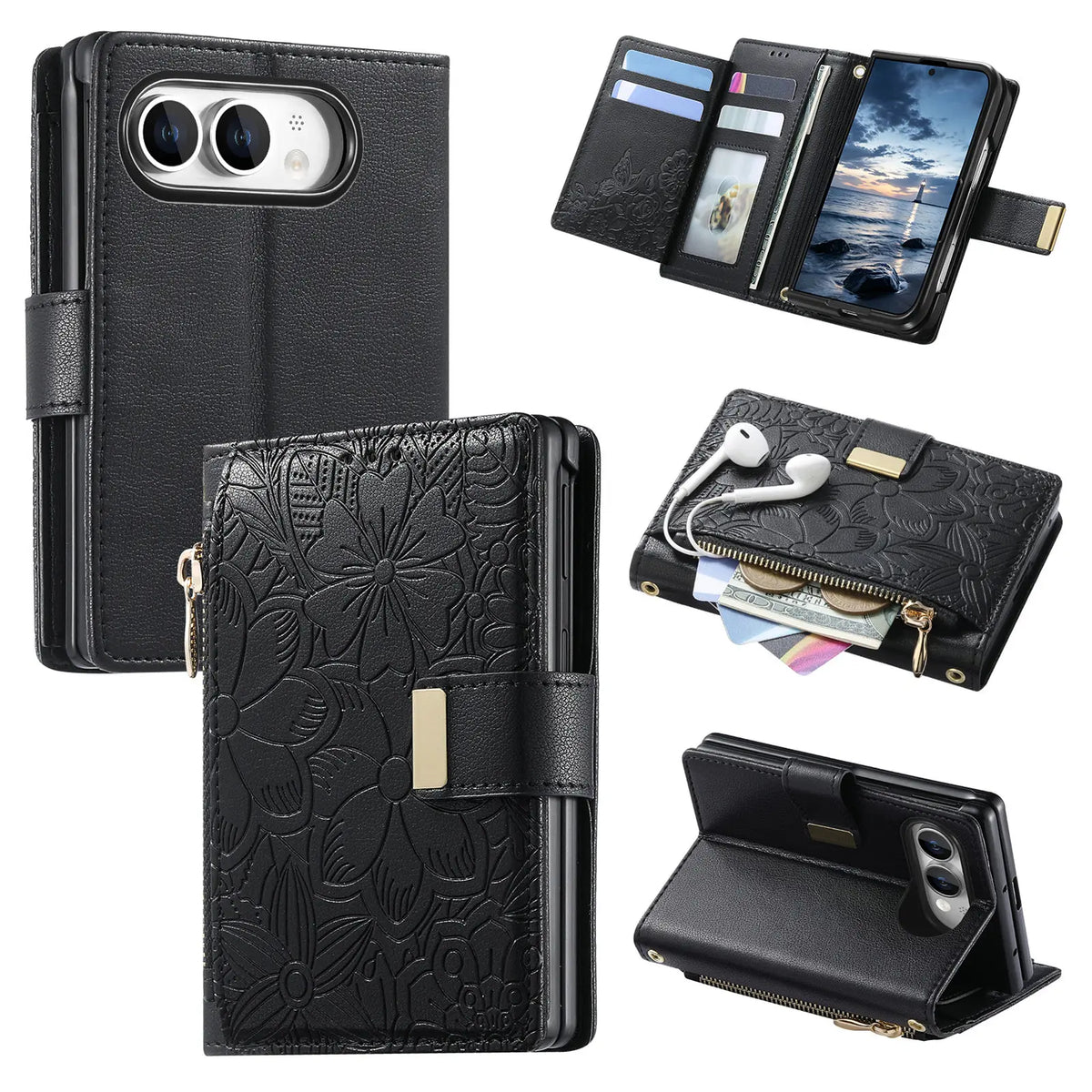 Embossed Leather Wallet Flip Case with Adjustable Stand for iPhone Duo