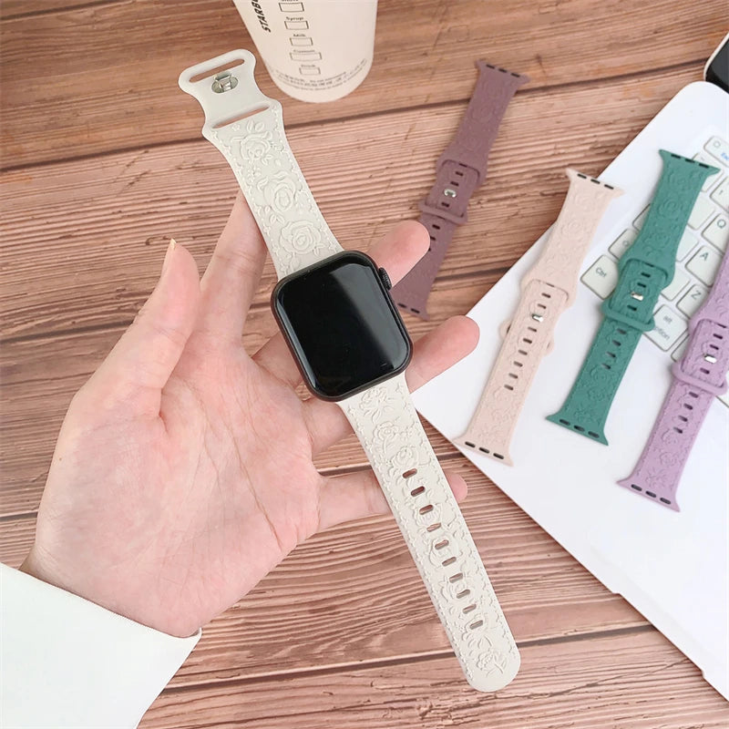 Floral Rose Engraved Bracelet Strap for Apple Watch