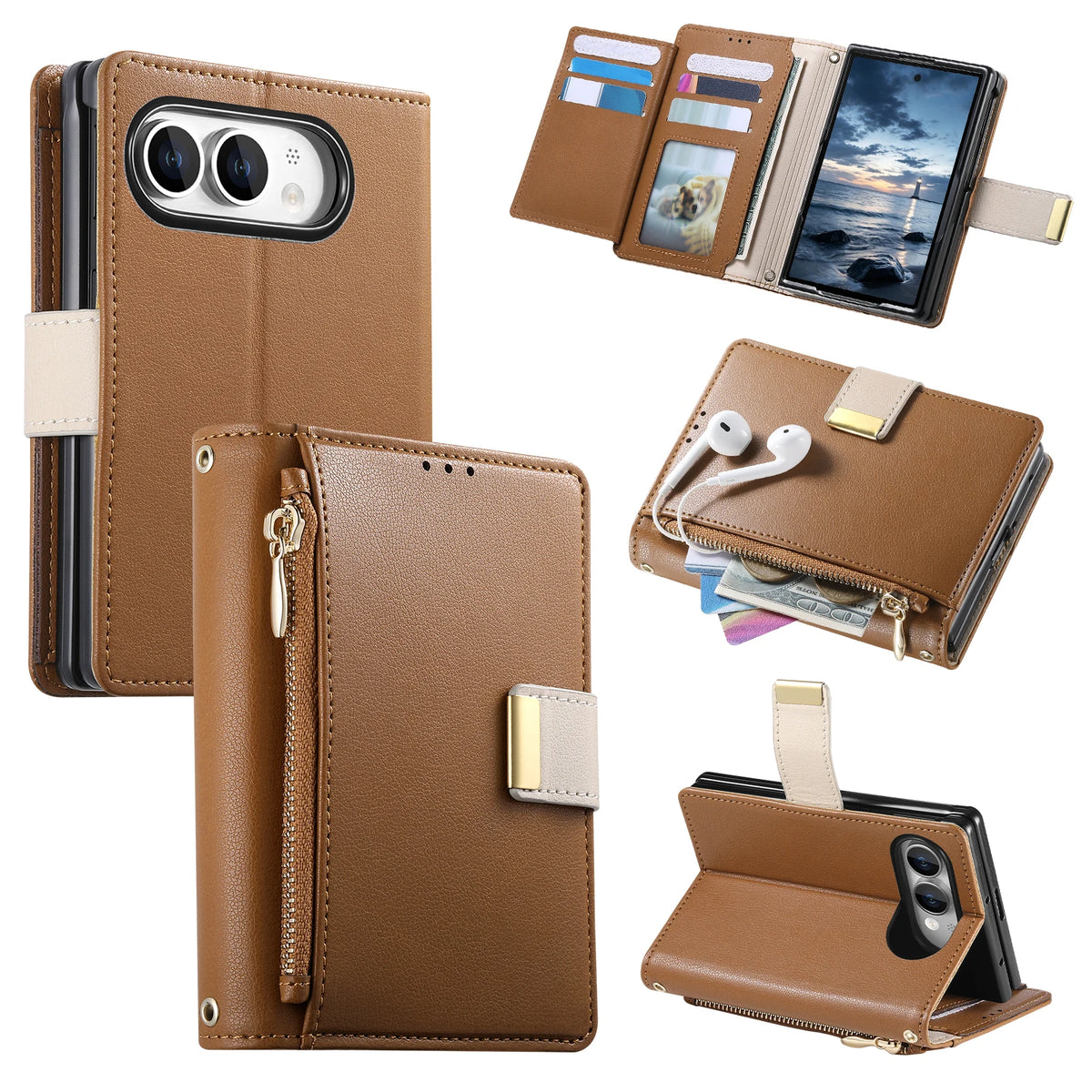 Vegan Leather 4-Card Kickstand Wallet Case with Zippered Coin Pocket for iPhone Duo