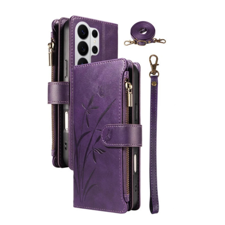 9-Card Zipper Leather Wallet Case with Removable Shoulder Strap for Samsung Galaxy S24 Series