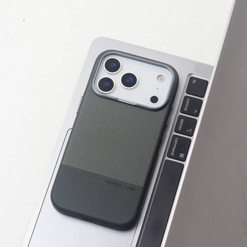 Protective 3D Leather Texture MagSafe Case with Metal Lens Cover for iPhone 17 Series