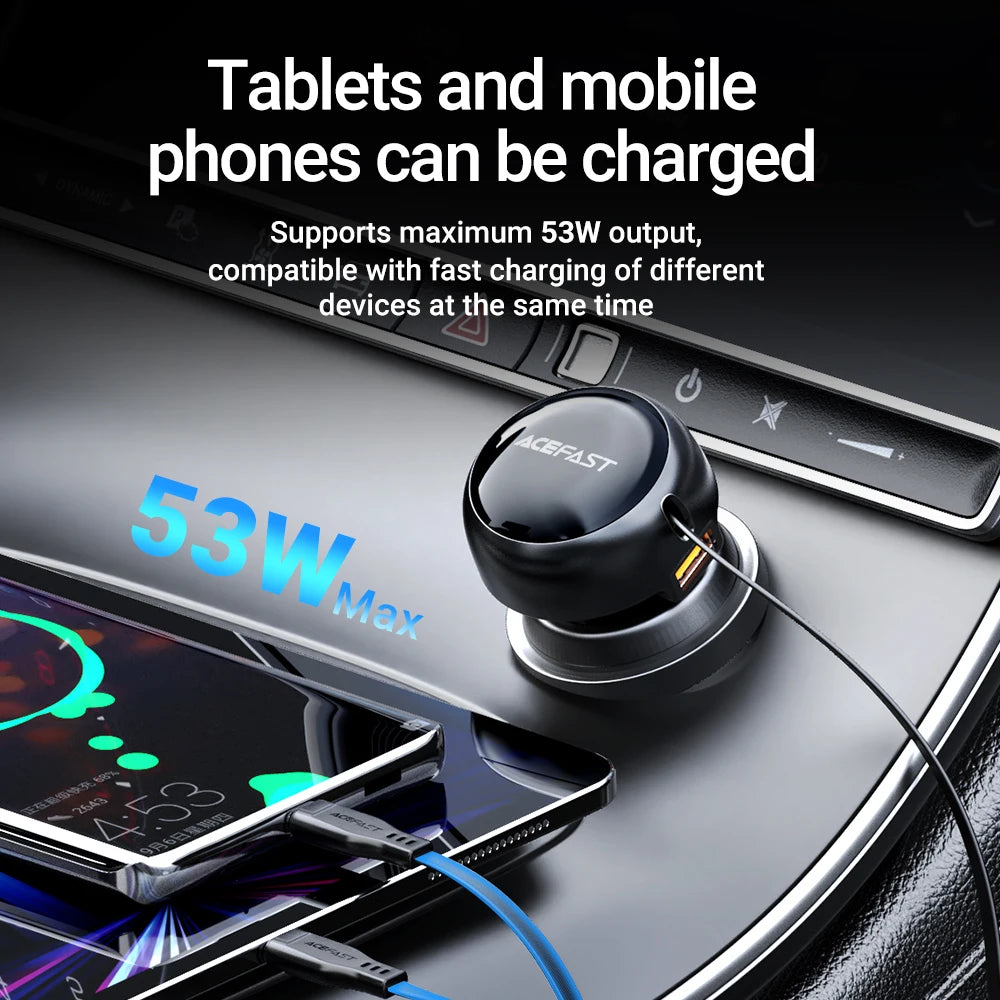 ACEFAST 53W Dual Port Car Charger with Retractable USB-C Cables