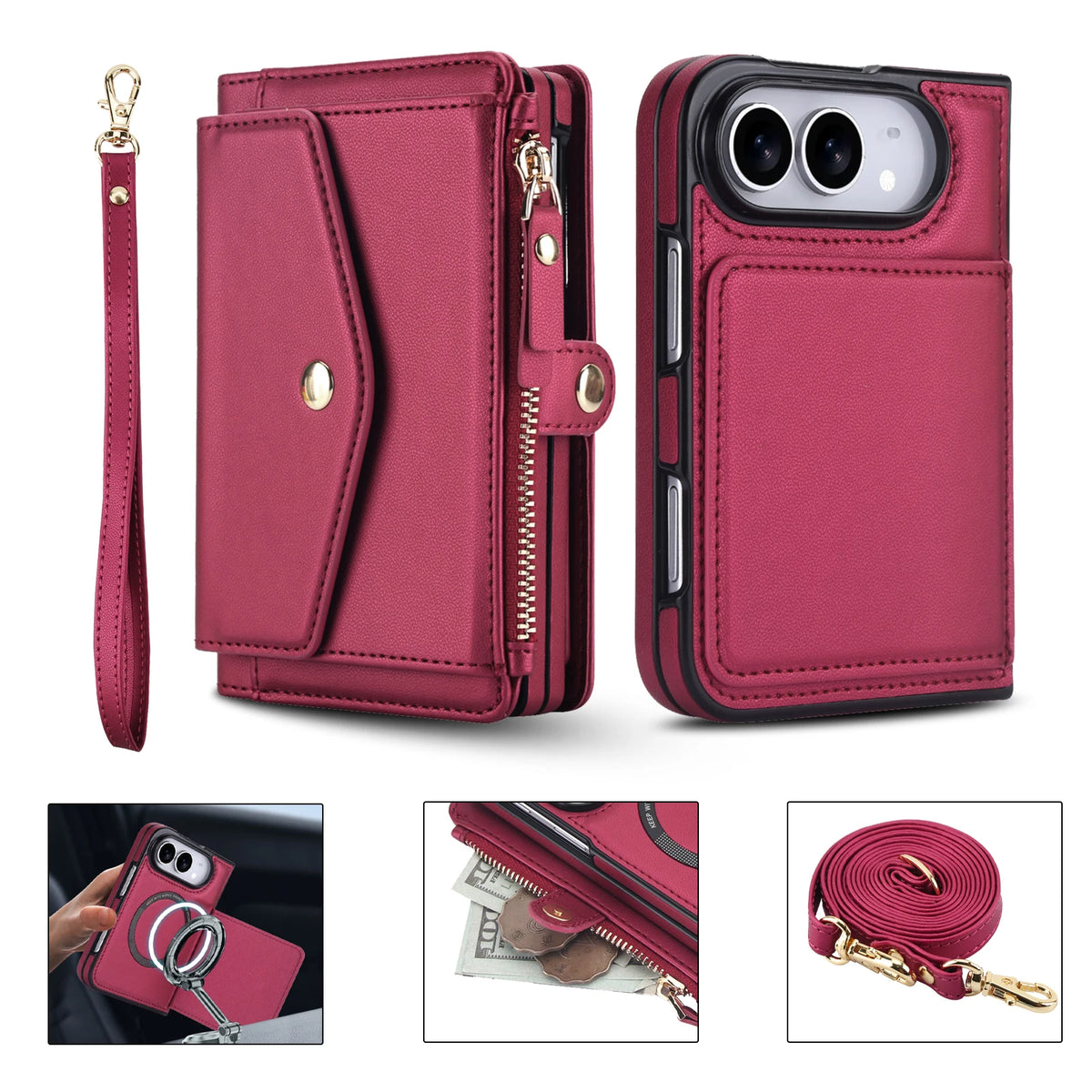 3-Card Detachable Magnetic Wallet Case with Convertible Lanyard Strap for iPhone Duo