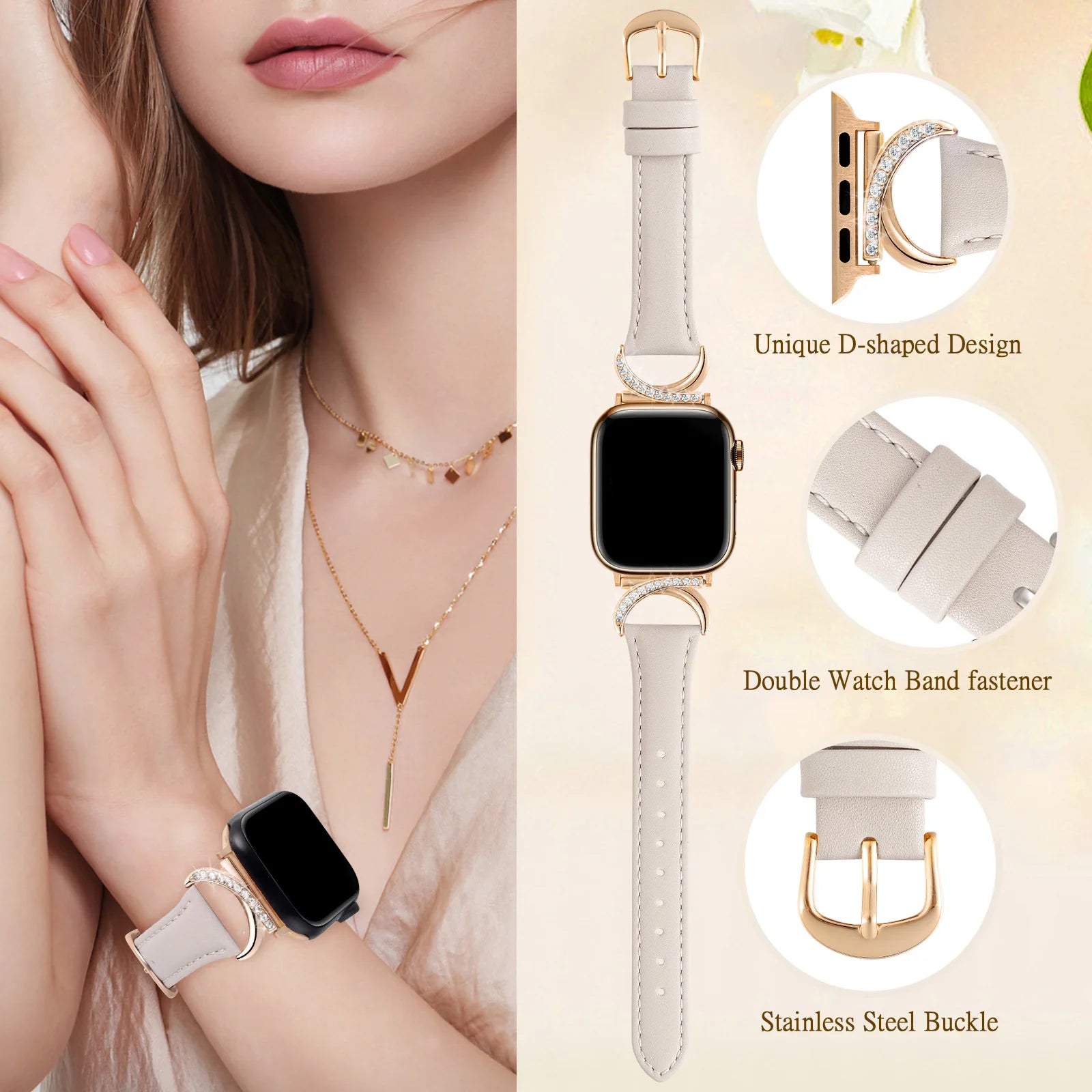 Moon Shaped Rhinestone Leather Strap for Apple Watch