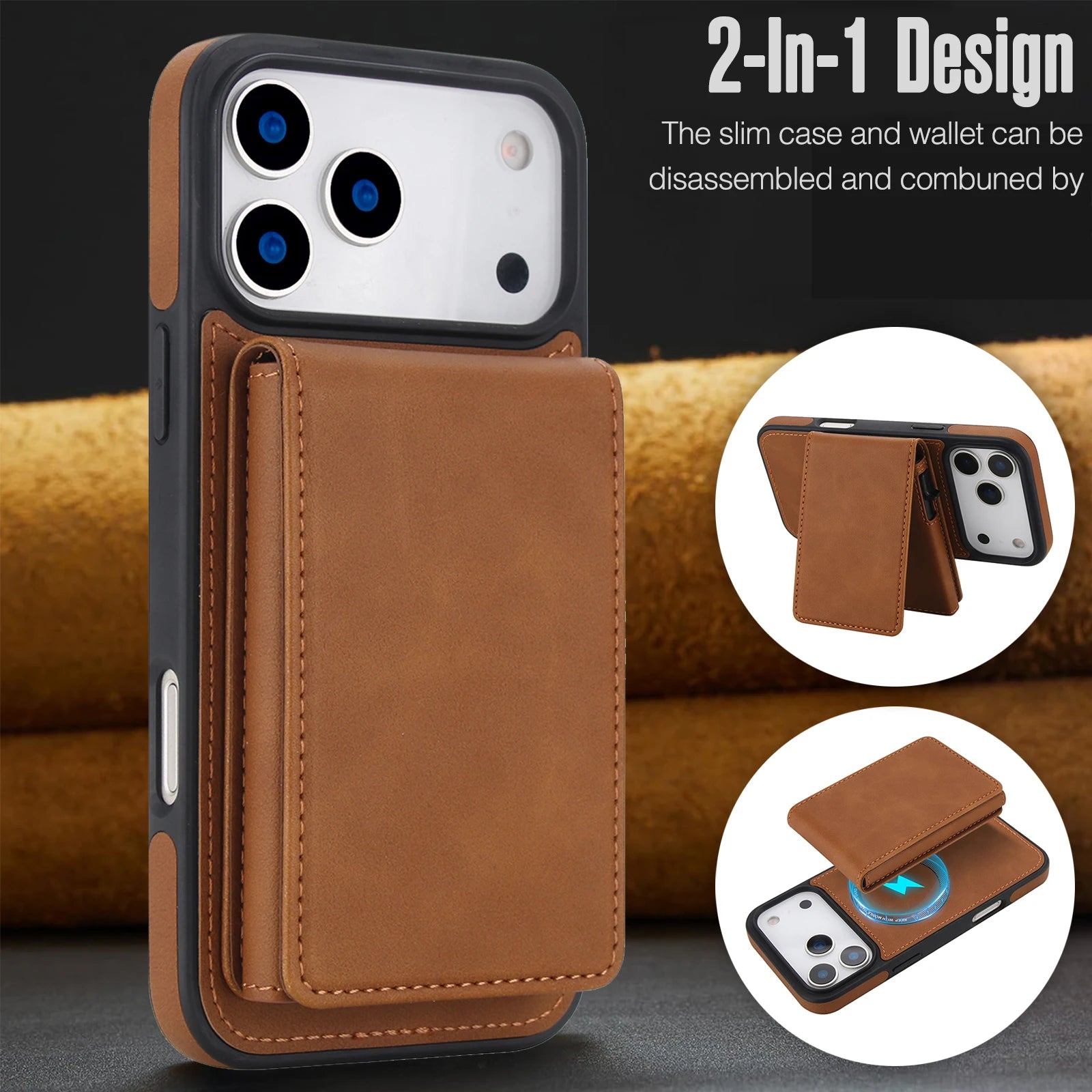 iPhone 17 Series Detachable Leather Wallet Case with Kickstand and RFID Protection