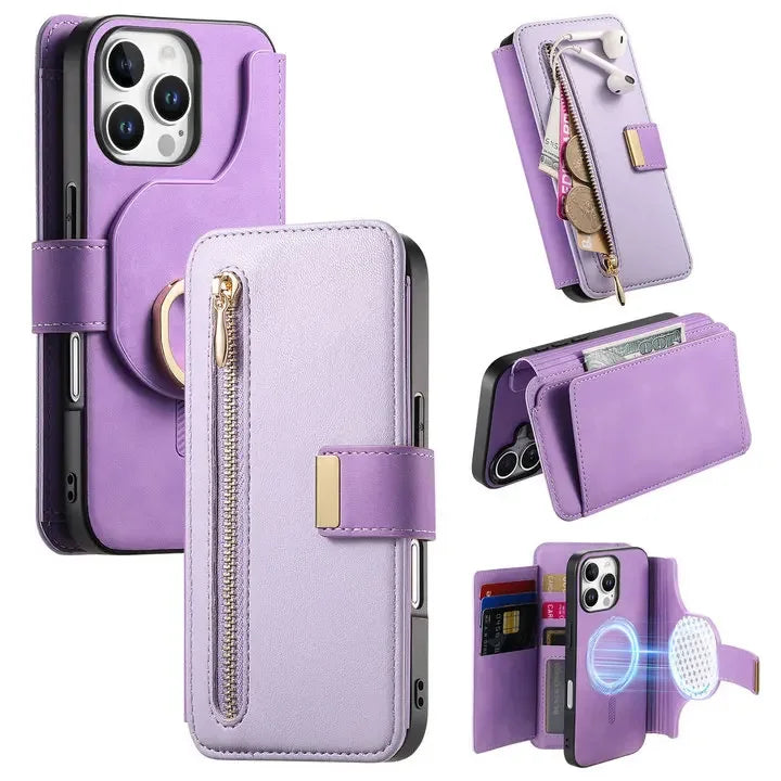 Leather Zipper Wallet Case with Detachable Magnetic Wallet for iPhone 16 Series