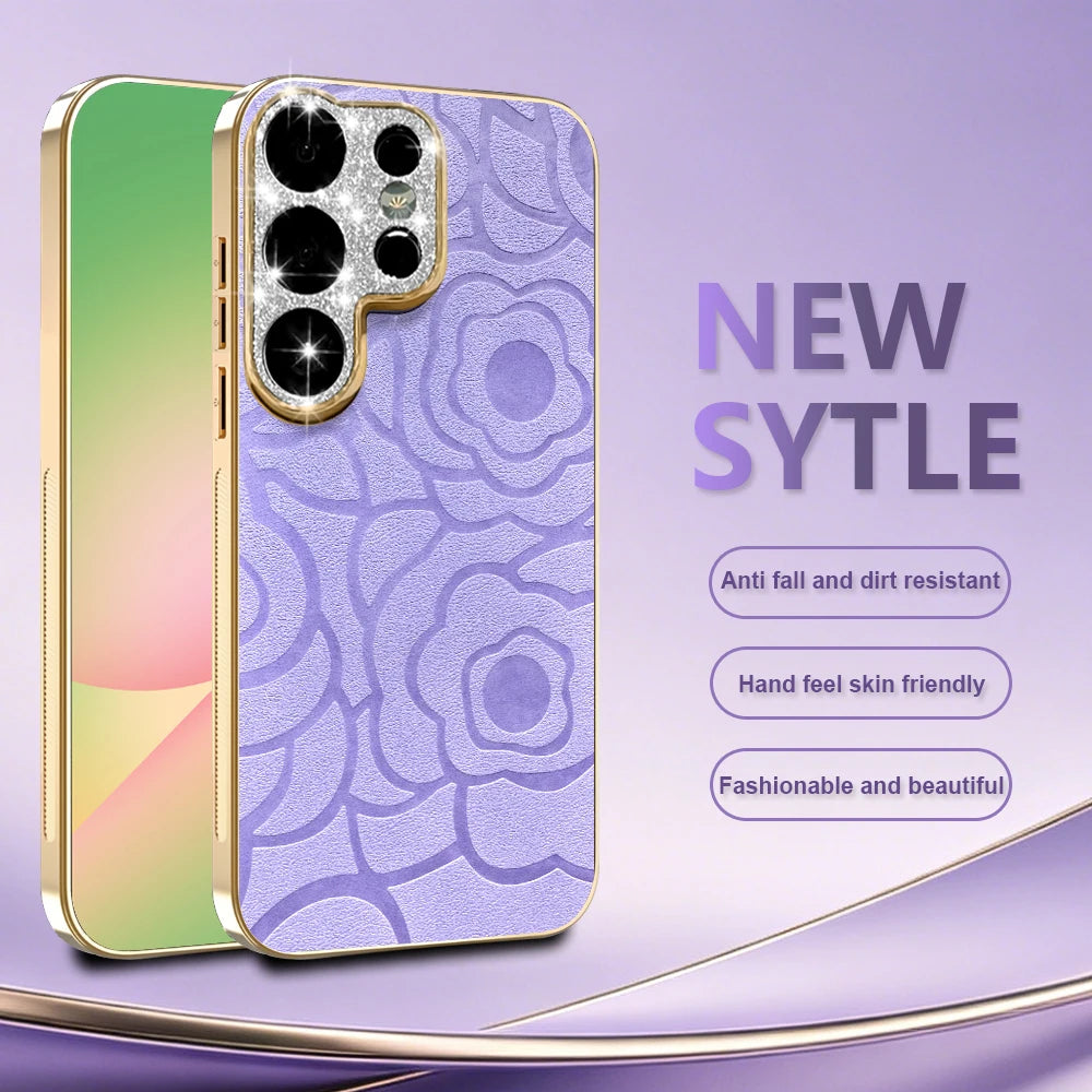 Diamond Large Window Camellia Flower Texture Phone Case For Samsung Galaxy S26 Series Shockproof Matte Cover