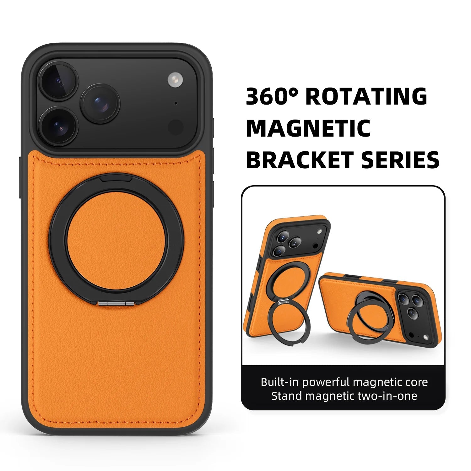Premium Leather MagSafe Case for iPhone 17 Series with 360° Rotating Ring Stand