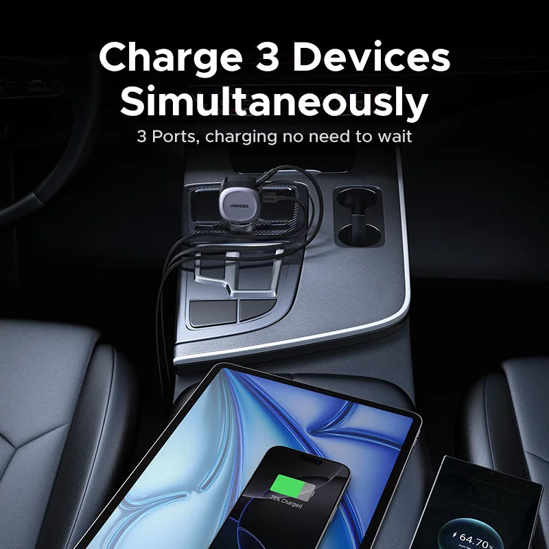 UGREEN 75W Car Charger with Retractable Cable