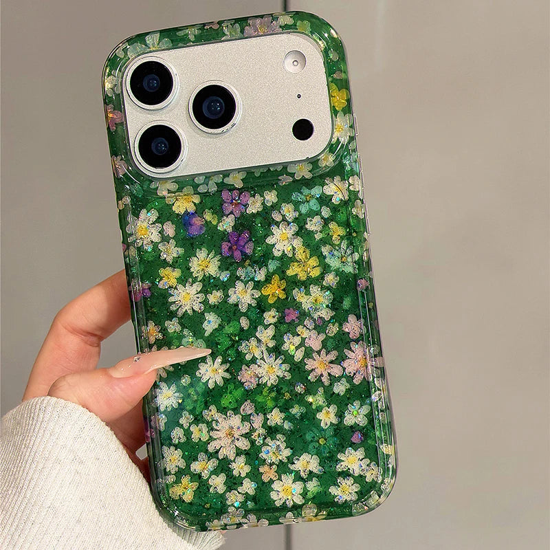 Shockproof Case with Shiny Glitter Floral Back for iPhone 17 Series