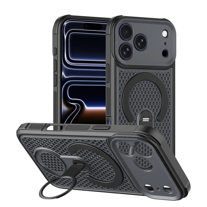 iPhone 17 Series Hollow Honeycomb PC Case with 360° MagSafe Bracket Stand