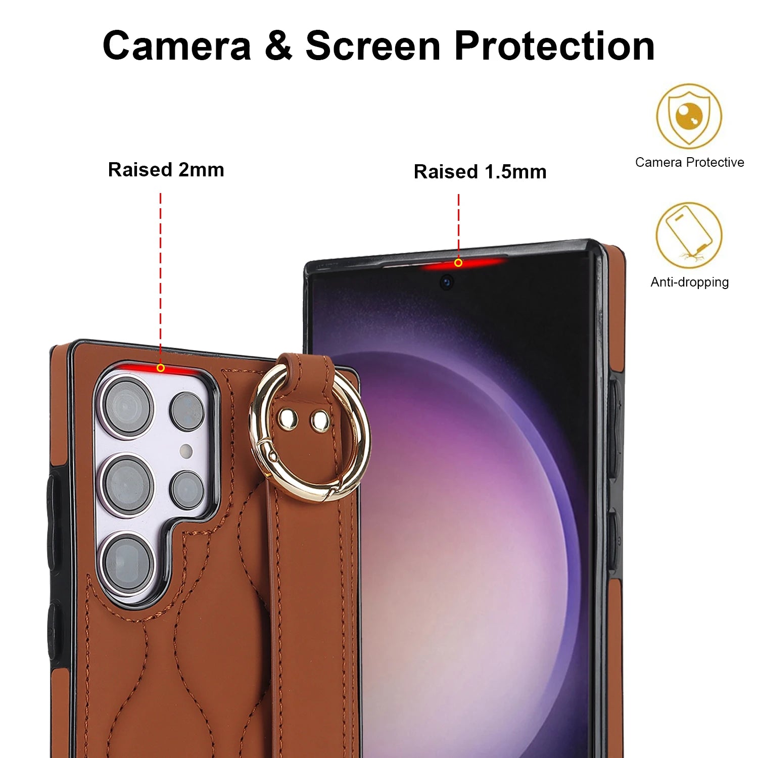 Shockproof Leather Phone Case with Wrist Strap & Ring for Samsung Galaxy S23 Series