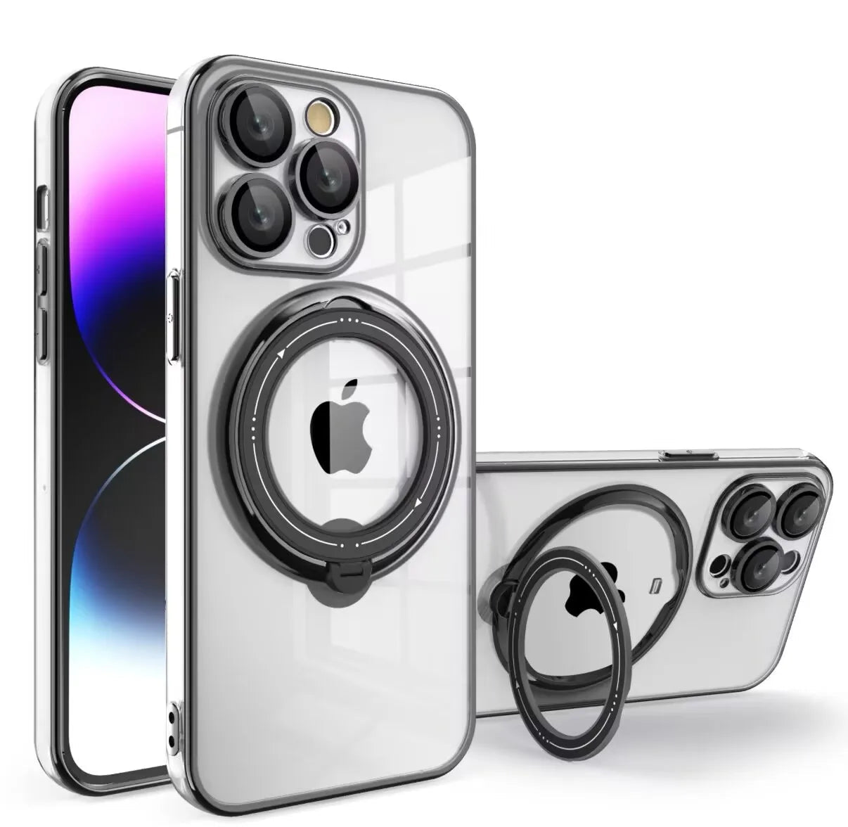 Shockproof Clear MagSafe Case with 360° Rotating Ring Stand for iPhone 15 Series