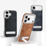 Luxury Electroplated PU Leather Case with Foldable Alloy Stand for iPhone 17 Series