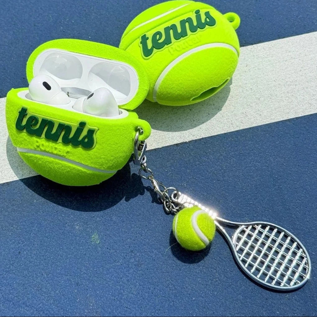 Tennis Ball-Shaped Flocked Case with Racket Pendant for AirPods 4
