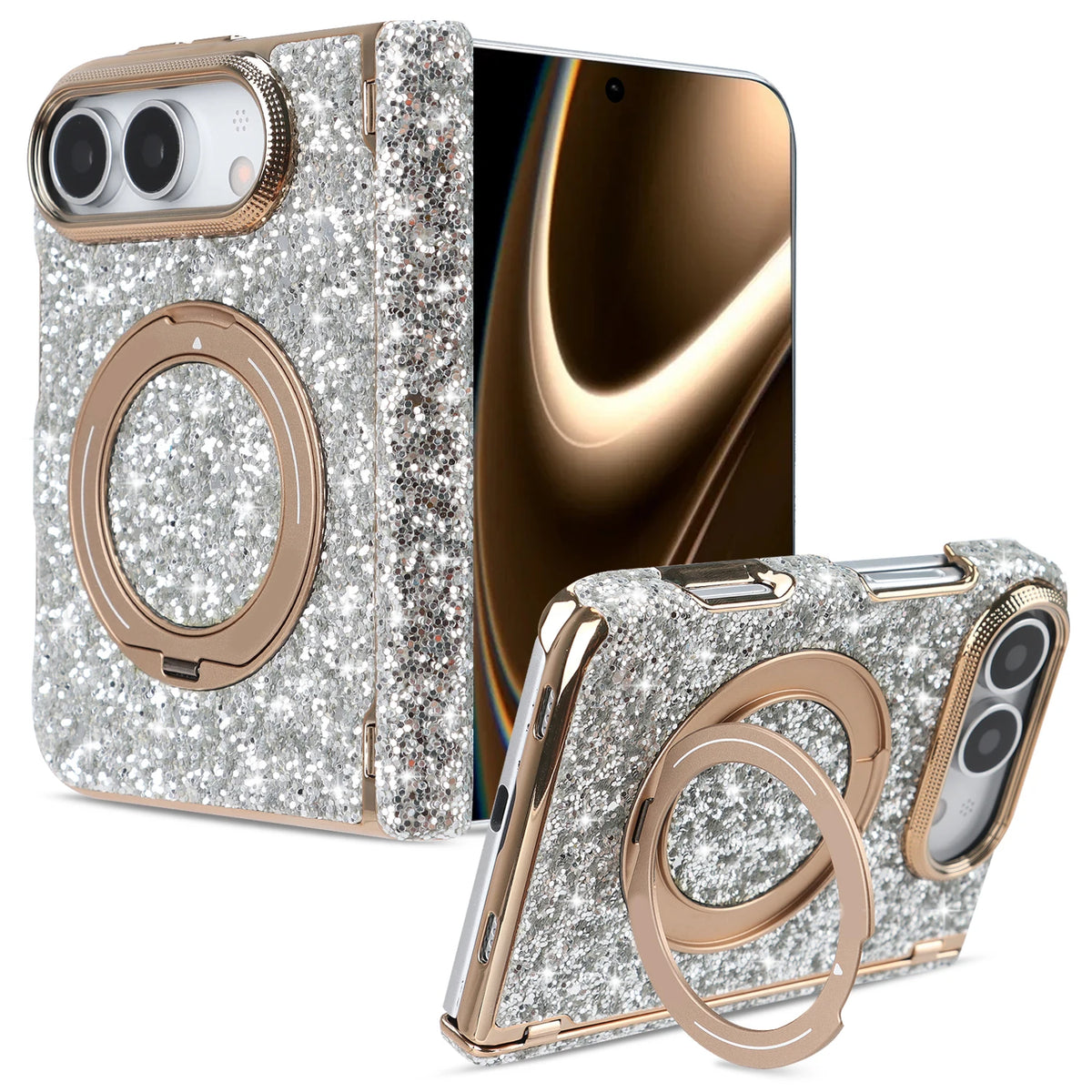 Glitter Rhinestone MagSafe Case with 360° Rotating Ring Stand for iPhone Duo