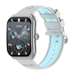 Smartwatch with a light blue and gray strap on a white background