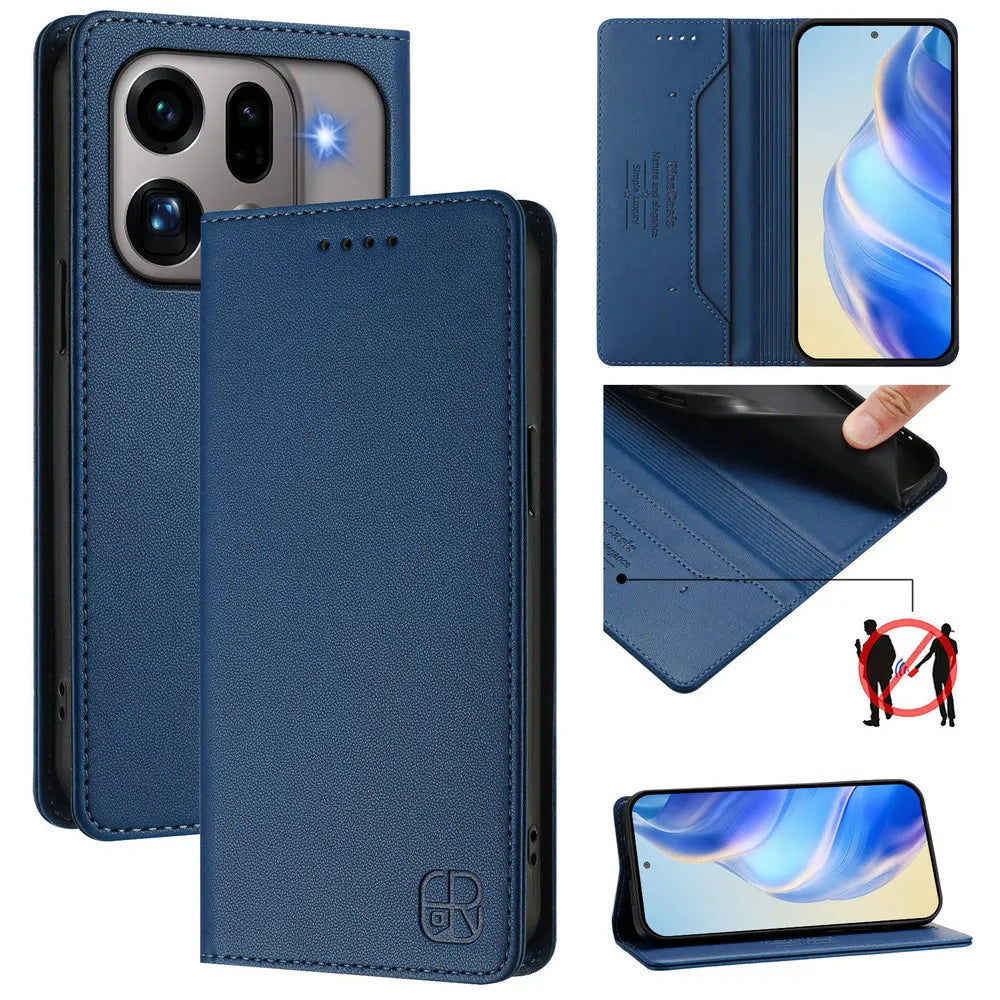 RFID Blocking Leather Wallet Flip Case with Adjustable Kickstand for OPPO Find X9 Series
