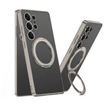 Electroplate Leather Shockproof Magnetic Case with Rotating Ring Bracket for Samsung Galaxy S25 Ultra