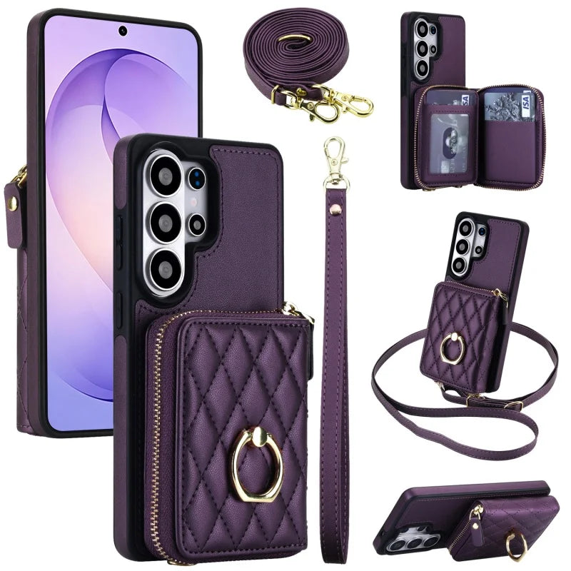 Crossbody Leather Wallet Case with Wrist Lanyard for Samsung Galaxy S26 Series