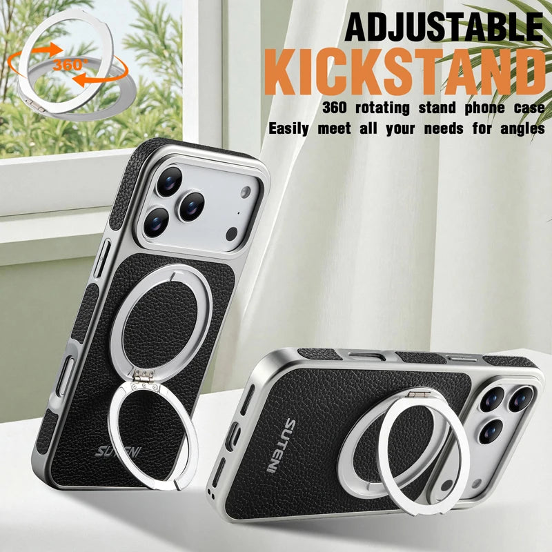 Textured Quilted MagSafe Case with 360° Rotatable Ring Stand for iPhone 17 Series