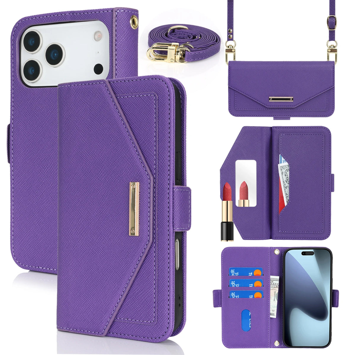 Crossbody Wallet Case with Mirror and Shoulder Strap for iPhone 18 Series
