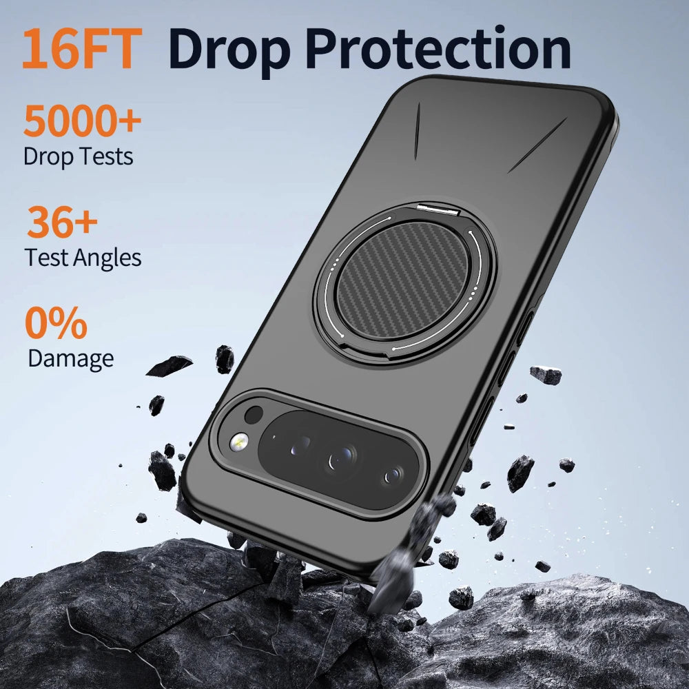 Carbon Fiber Dual-Layer Armor Case with 360° Rotating Magnetic Ring Stand for Google Pixel 11 Series