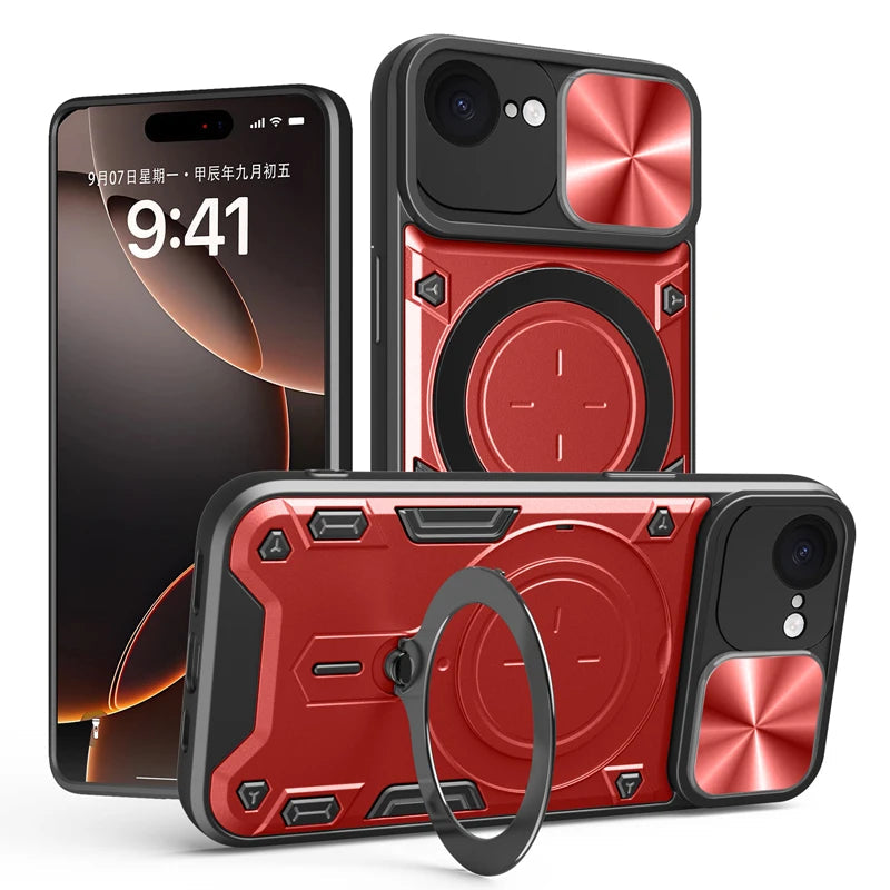 iPhone 16e Protective Magnetic Case with 360° Rotating Ring Stand