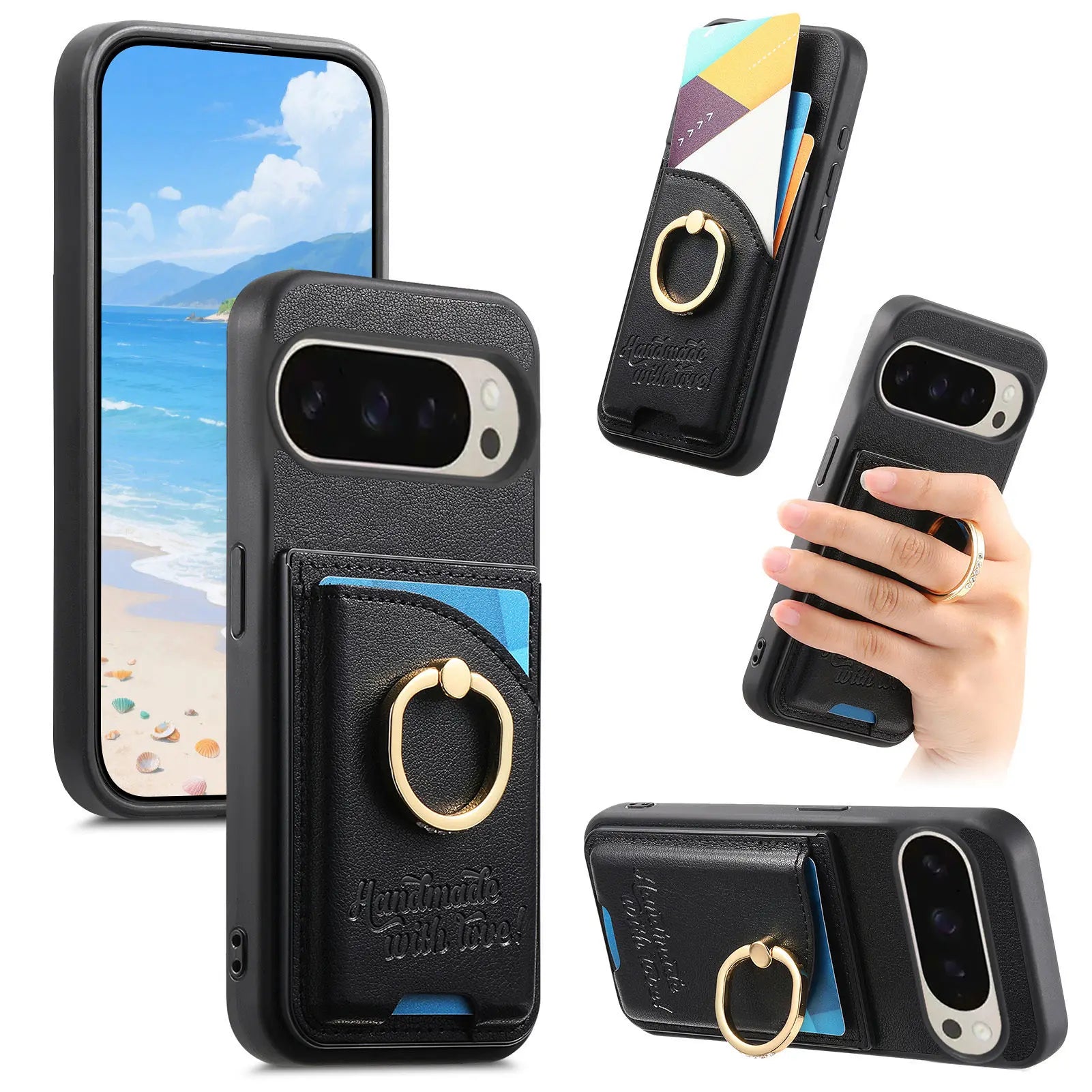 Google Pixel 9 Series Leather Wallet Case with Ring Holder and Kickstand