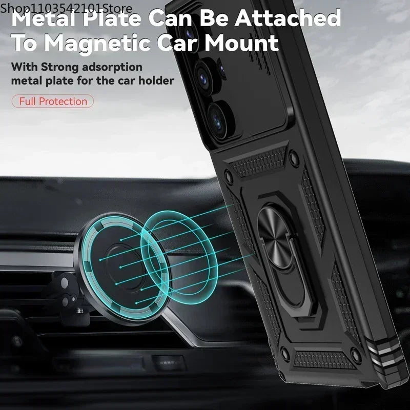 Military Grade Slide Camera Lens Armor Case with Ring Stand for Samsung Galaxy S25 Series