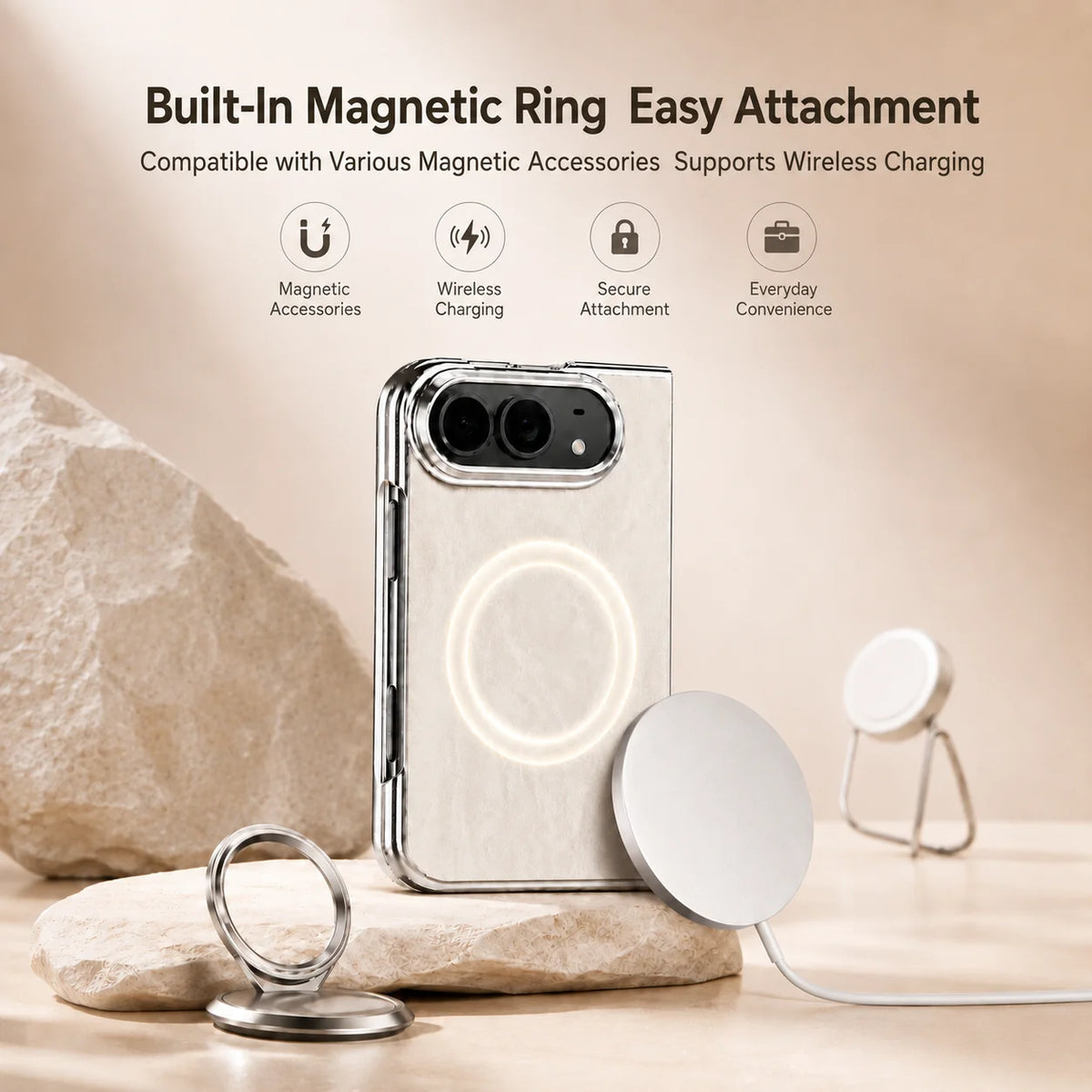 Stone-Textured Foldable MagSafe Case with Ring Stand for iPhone Duo