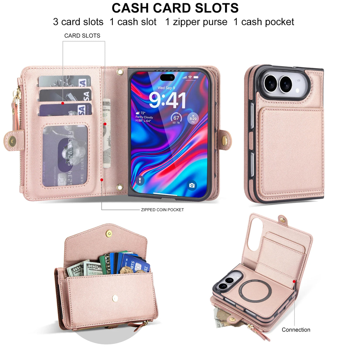 Zipper Wallet Crossbody Case with Detachable Phone Case for iPhone Duo