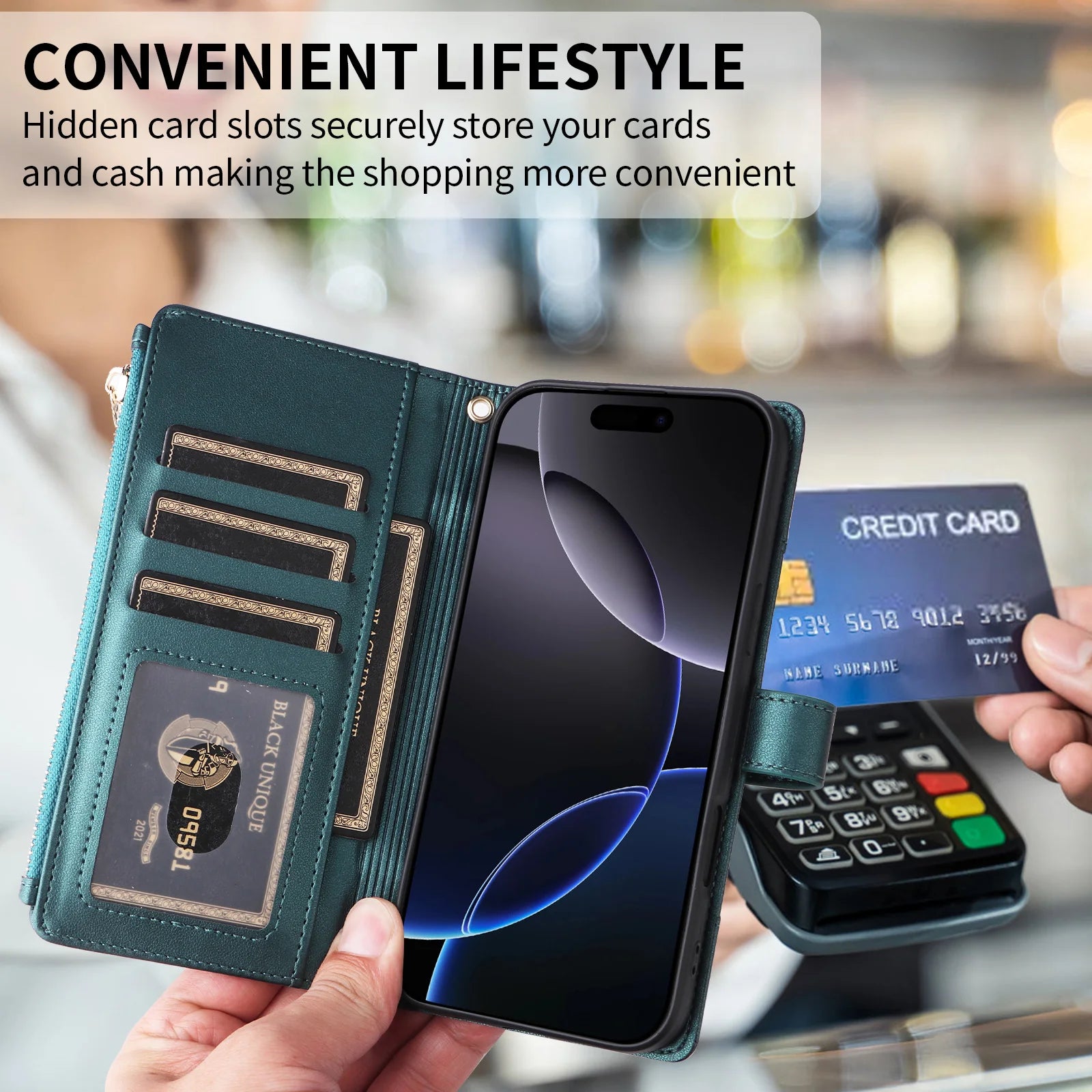 Crossbody Lanyard Wallet Case with Zipper & Card Holder for iPhone 15 Series