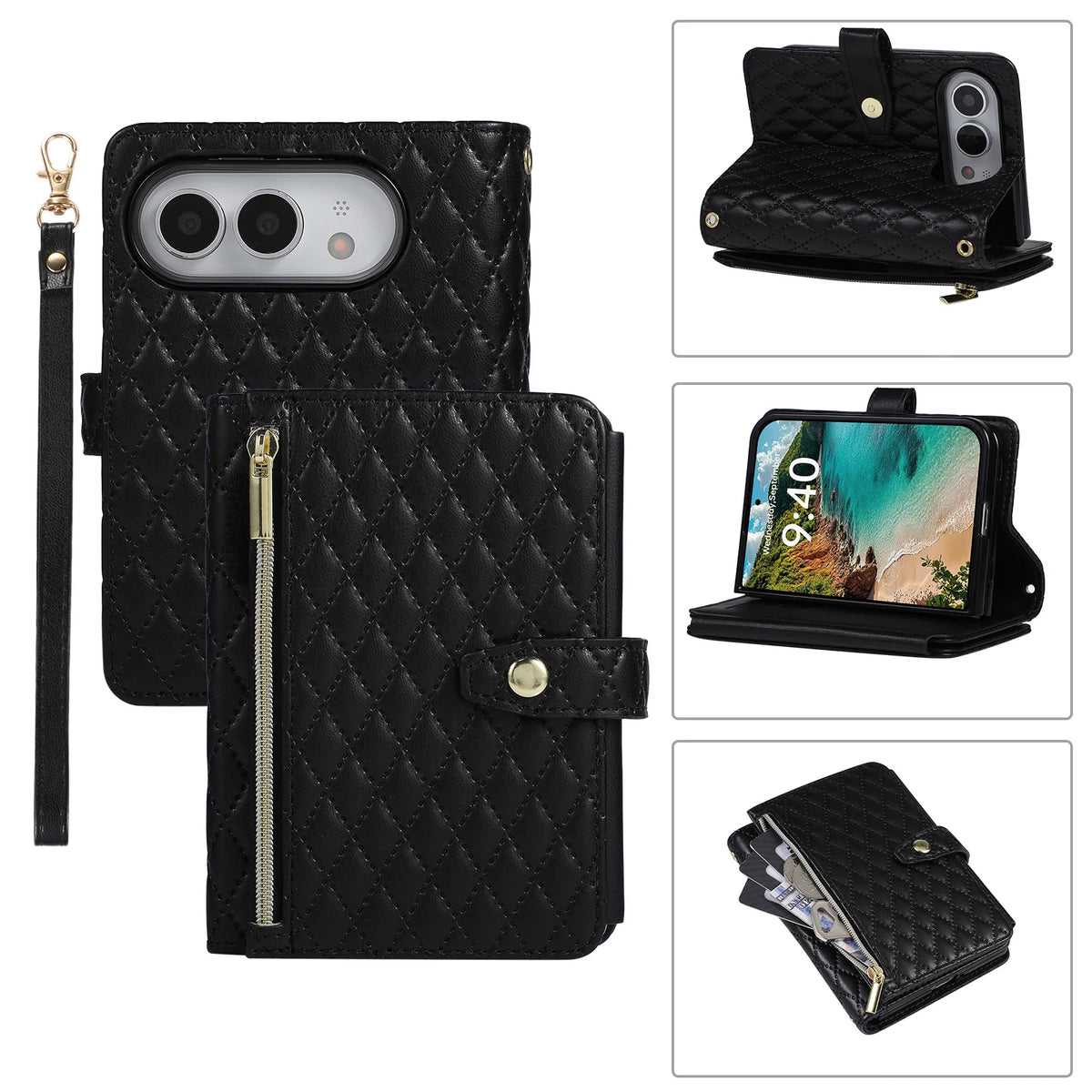 Quilted Leather Crossbody Lanyard Case with 9-Card Wallet for iPhone Duo