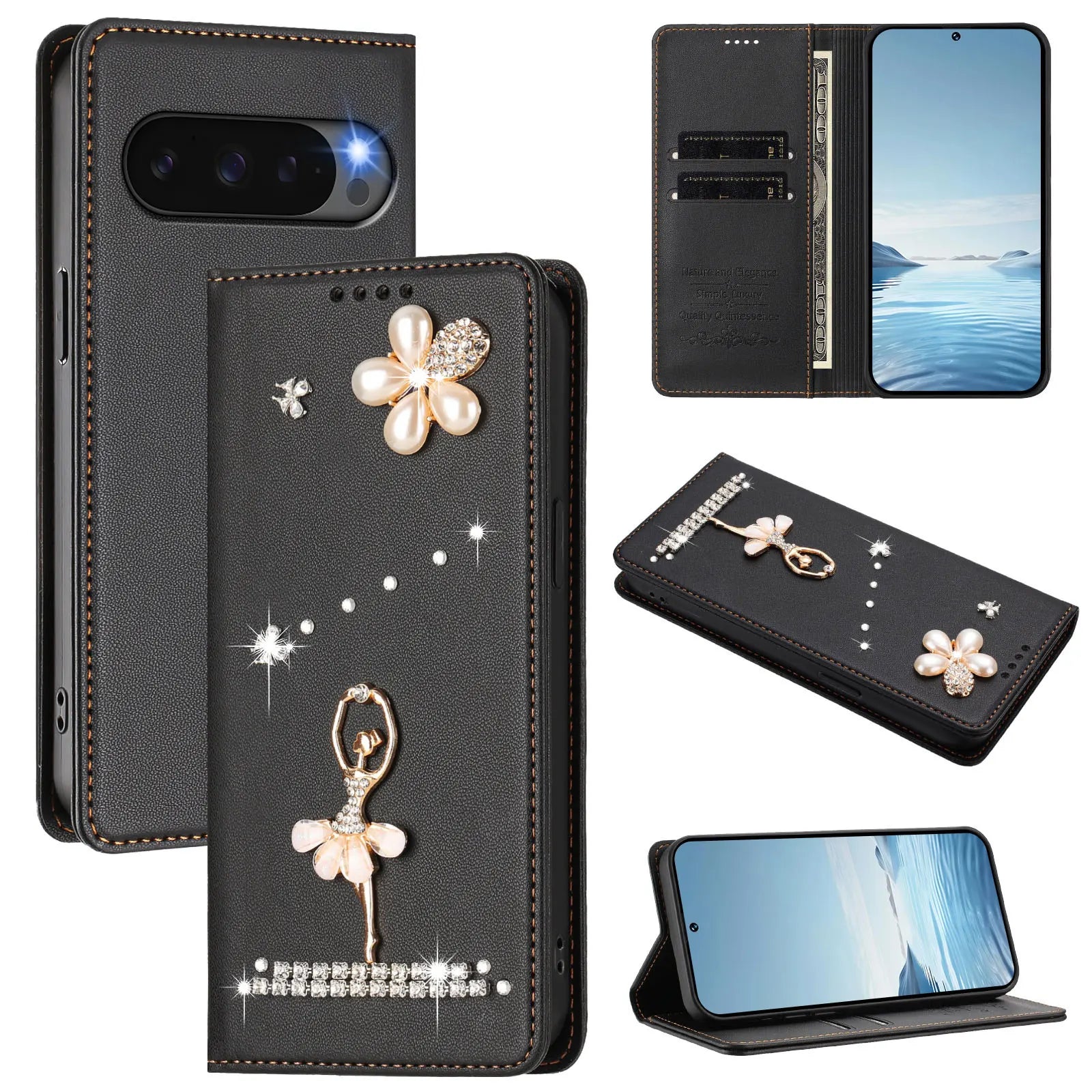 Cute Diamond Wallet Flip Case with Card Slot and Stand for Google Pixel 9 Series