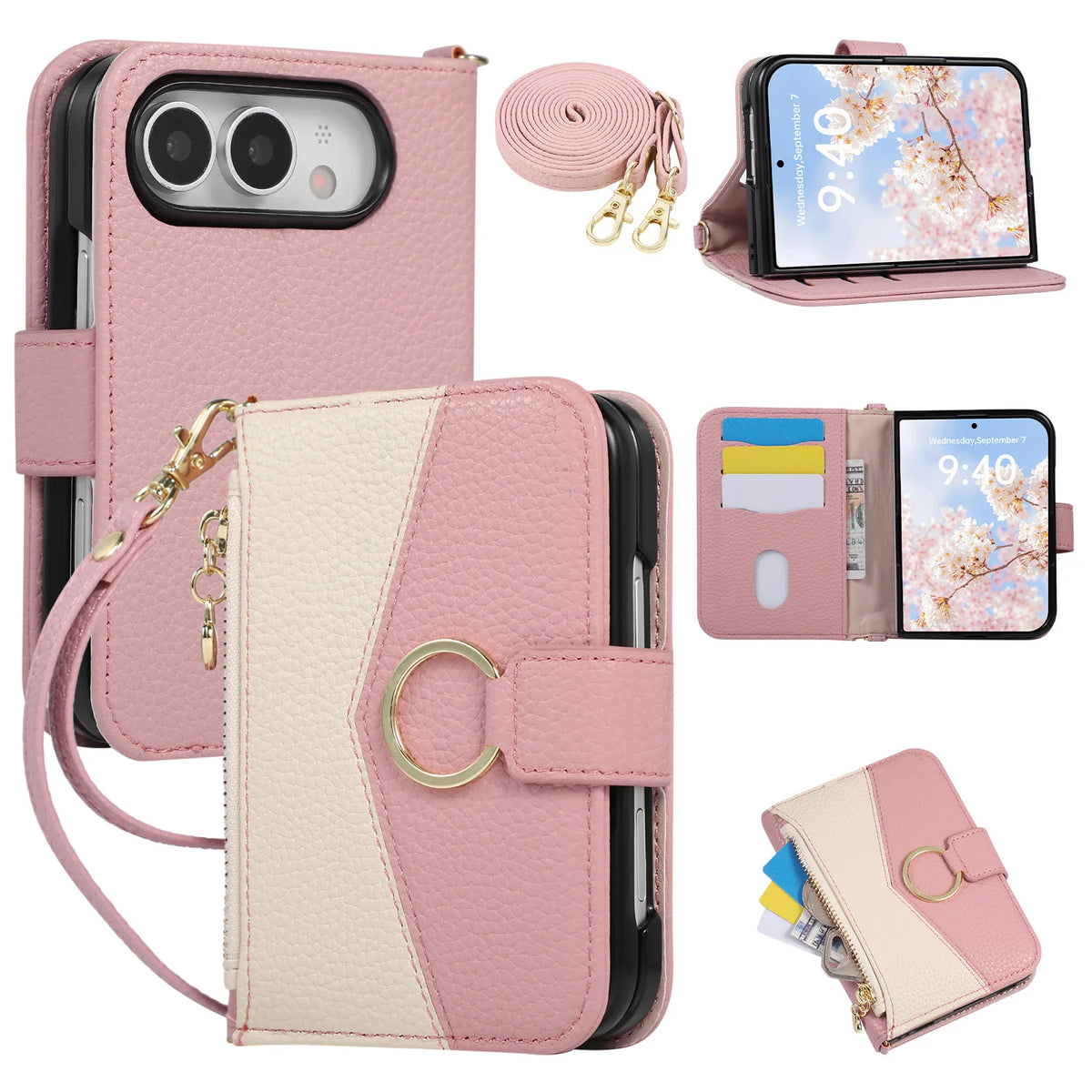 Quilted Leather Crossbody Wallet Case with Detachable Long Strap for iPhone Duo