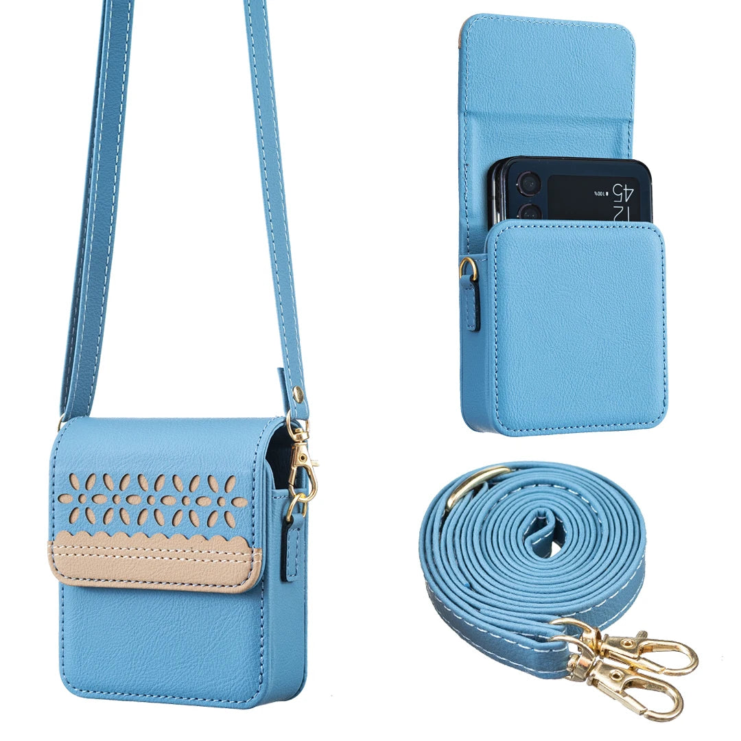 Luxury Embossed Small Flower Leather Bag Case with Long Lanyard for Samsung Galaxy Z Flip 7