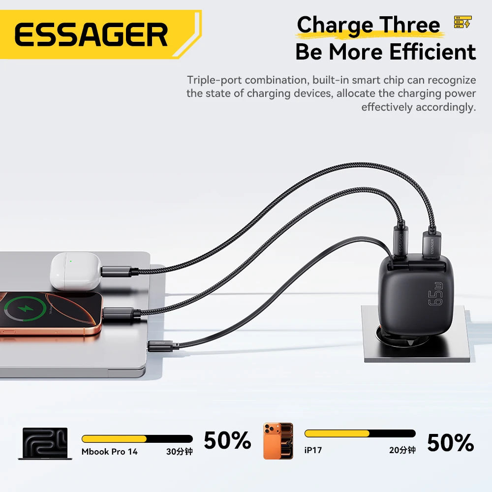 Essager 65W GaN Fast Charger with Retractable Type-C Cable