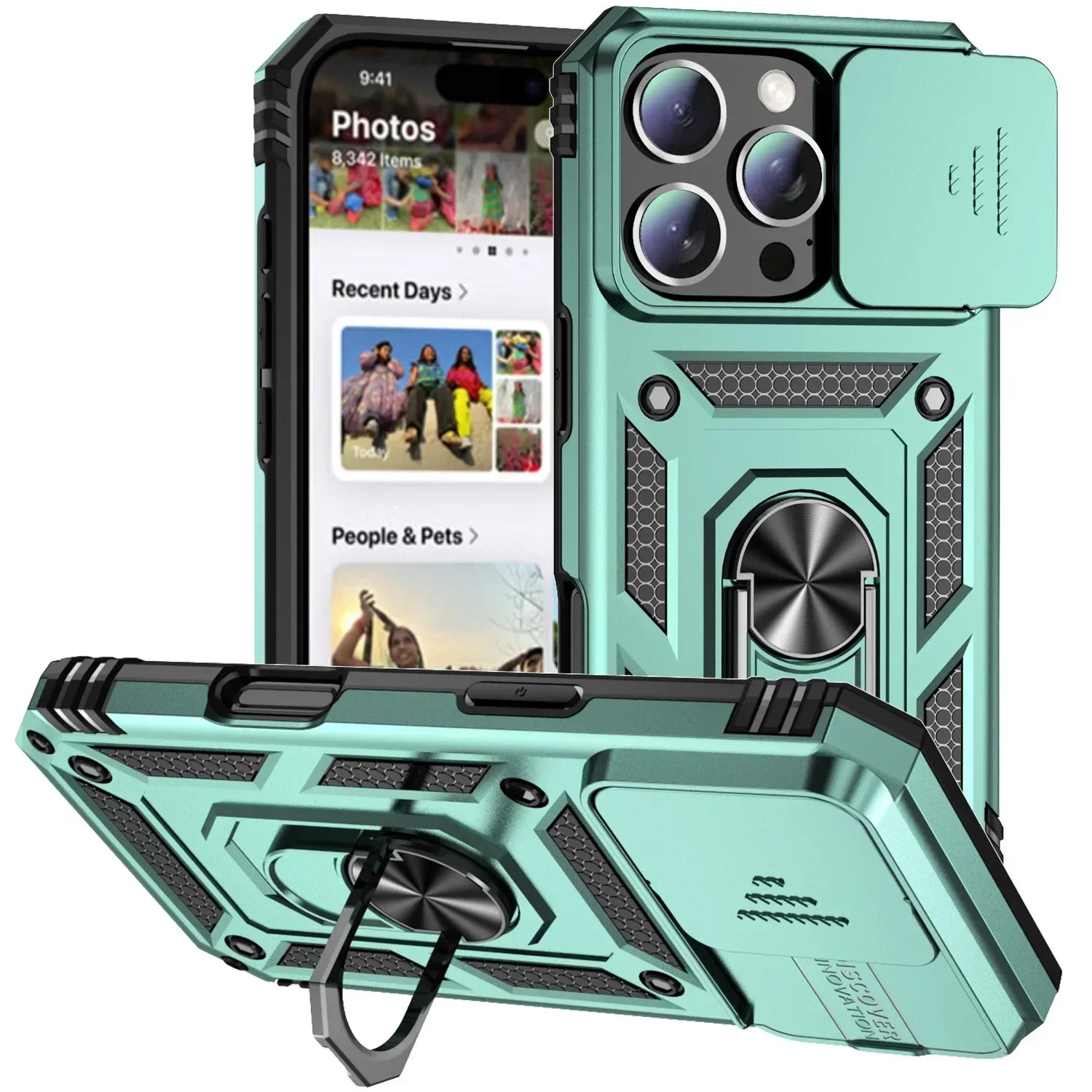 Military-Grade Armor Case with Rotating Ring Stand & Slide Camera Lens for iPhone 16 Series