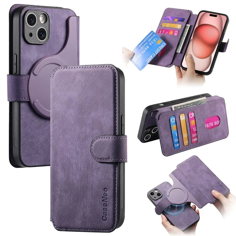 Magnetic Leather Wallet Case with Detachable Card Slot for iPhone 15 Series