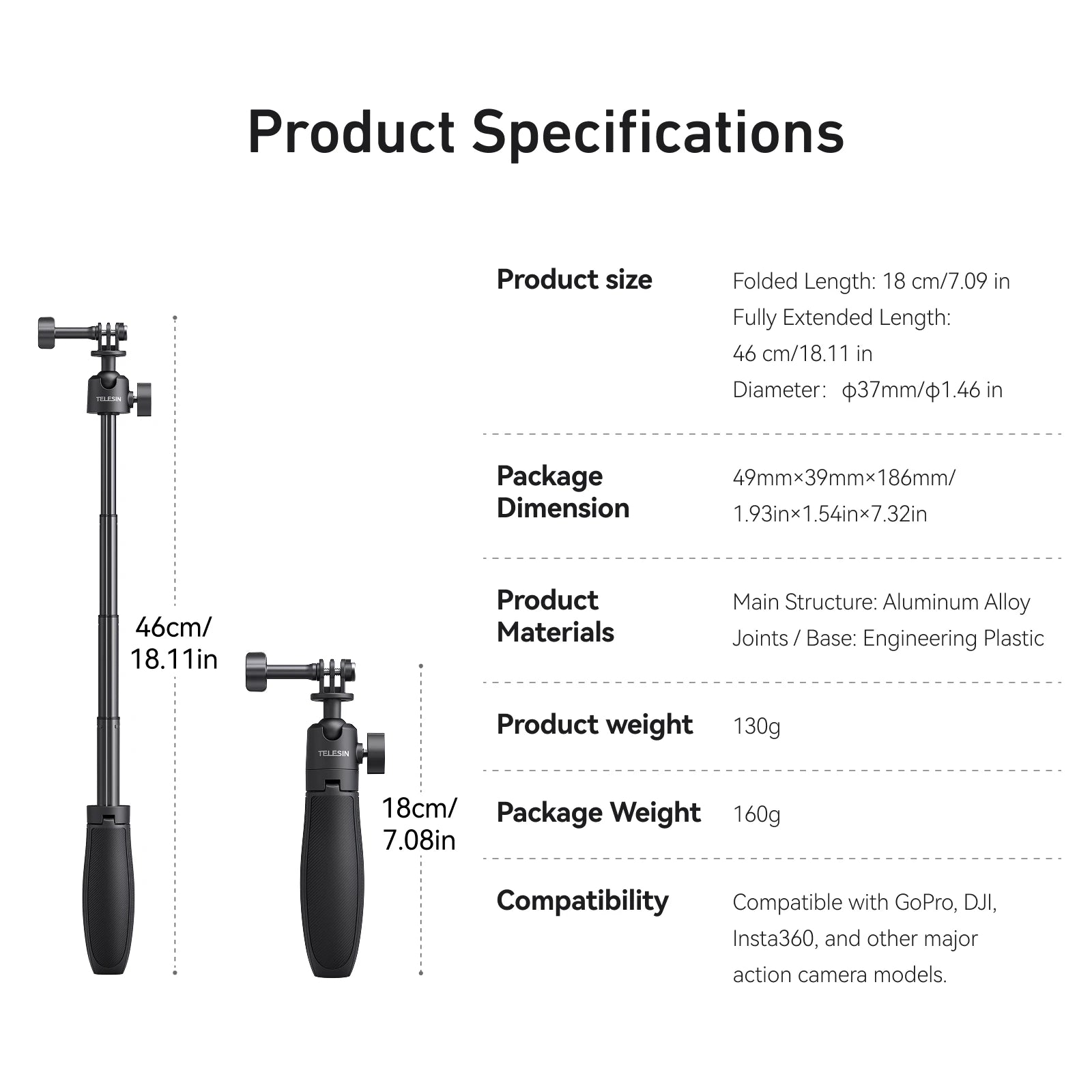 TELESIN Aluminum Alloy Mini Selfie Stick for Action Cameras