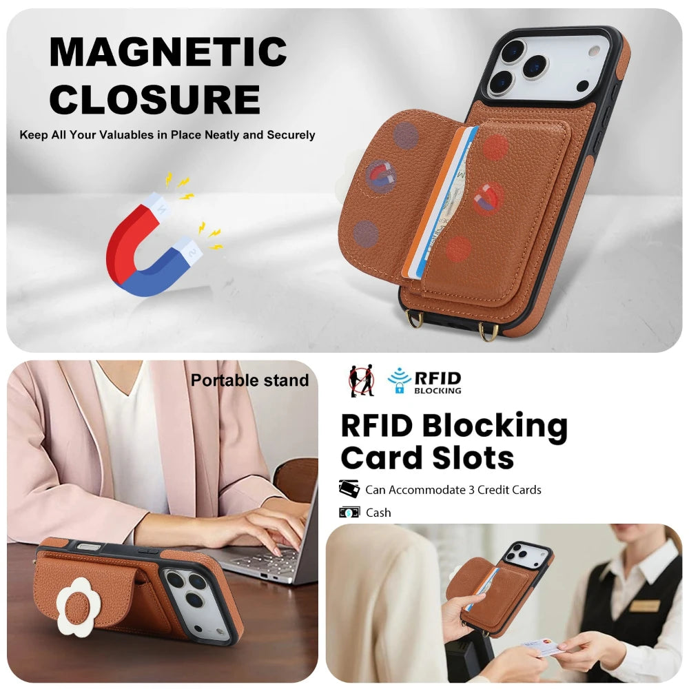 Crossbody Leather Wallet Case with Card Slots and Stand for iPhone 17 Series