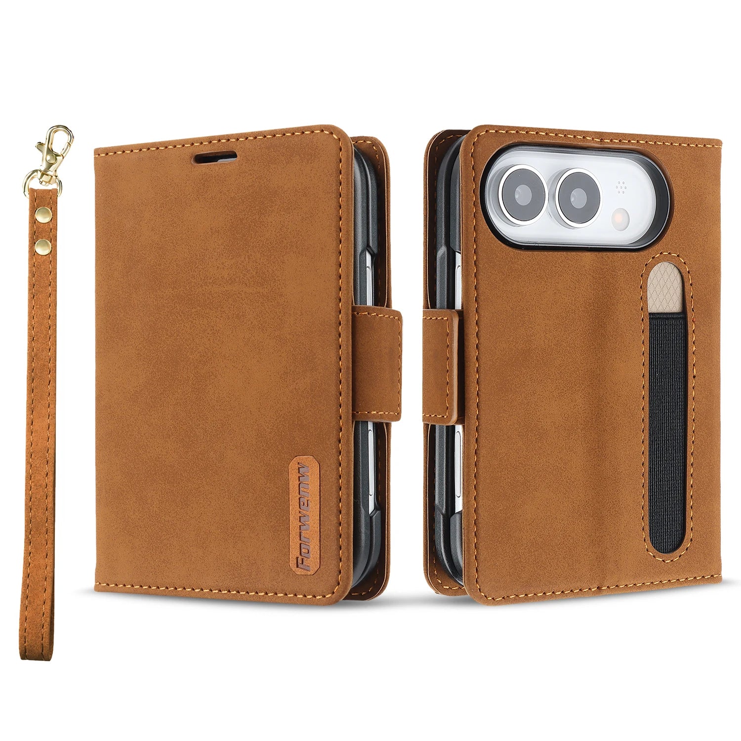 Leather Kickstand Wallet Case with Wrist Strap for iPhone Duo