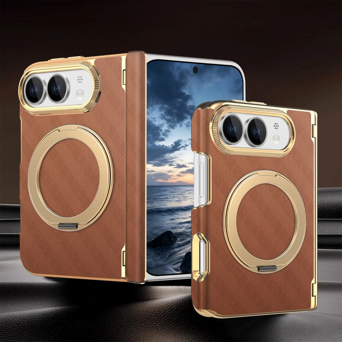 Fabric Leather Rotating Ring Holder Case with Electroplated Accents for iPhone Duo