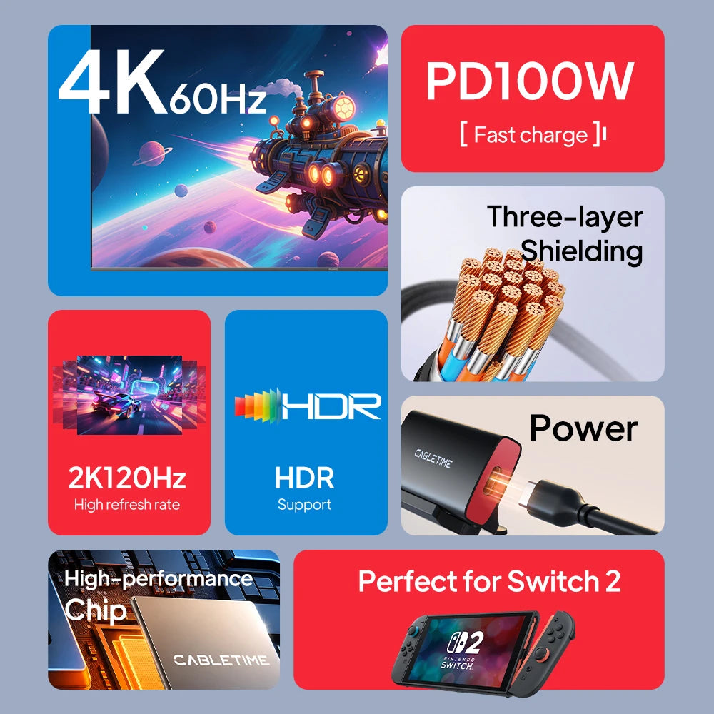 CABLETIME 4K60Hz USB-C Dock Cable for Nintendo Switch 2