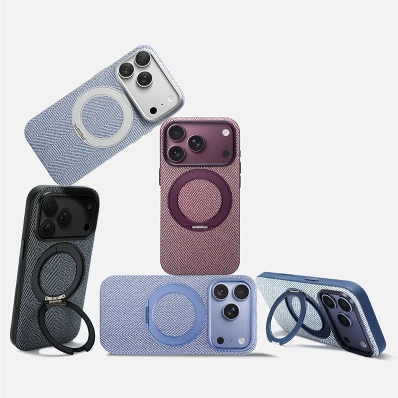 Canvas Weave MagSafe Case with 360° Rotating Ring Stand for iPhone 18 Series