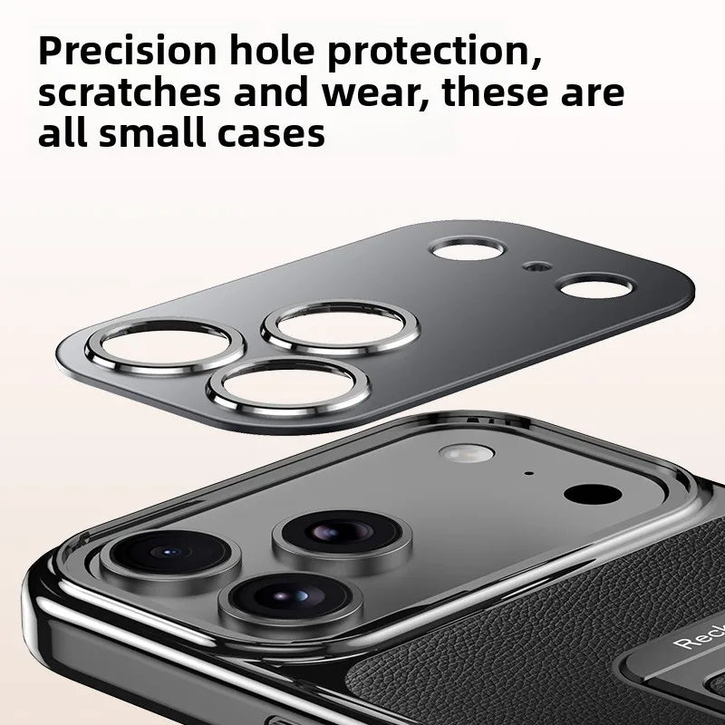 Luxury Business Leather Case with Alloy Kickstand and Wrist Strap for iPhone 17 Series