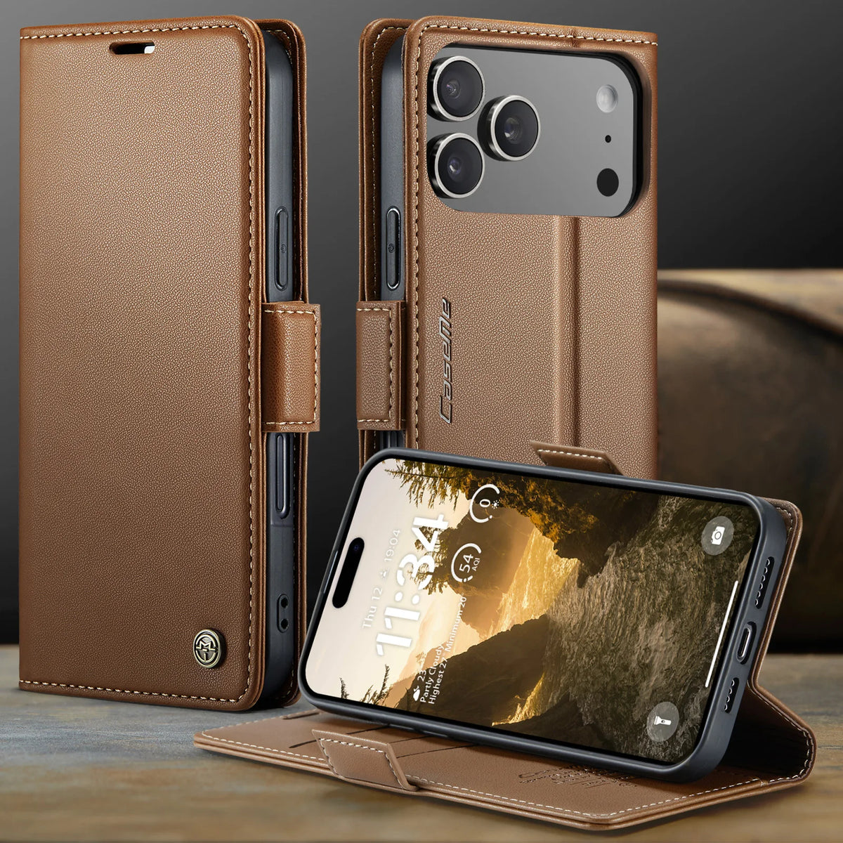 Pebbled Leather Magnetic Flip Wallet Case with Foldable Kickstand for iPhone 18 Series